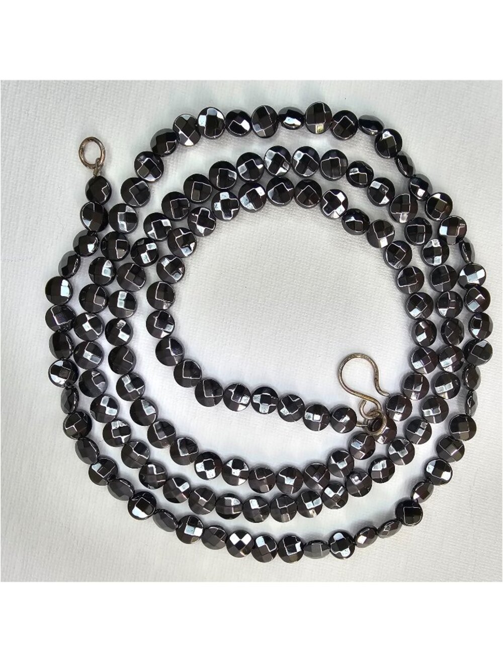 Faceted Black Hematite Coin Bead Rope Lariat Necklace, 44”